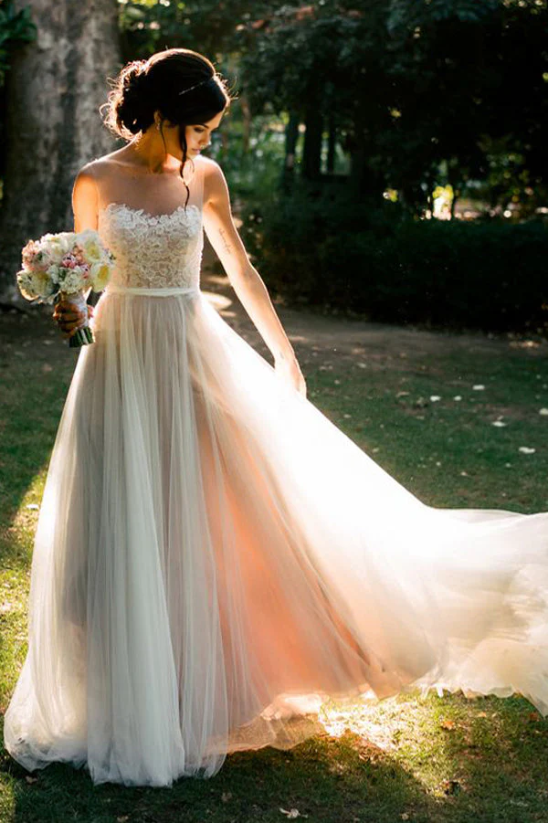 Vestidos de novia con corte en A, cola larga, cuello transparente, capas, apliques de tul, vestido de gala
